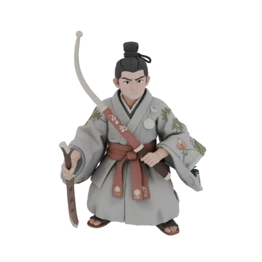 3D model of a samurai warrior in traditional gray robes, holding a wakizashi and with a katana on their back.
