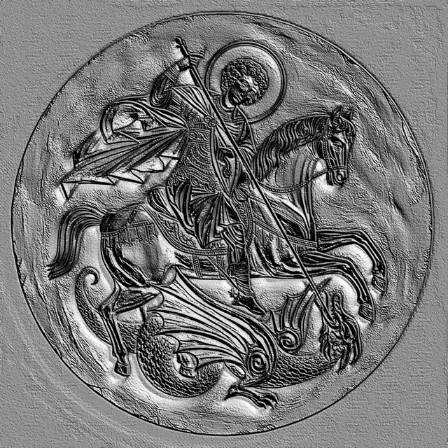 Modèle 3D bas-relief Saint-Georges à cheval terrassant le dragon, style gravure