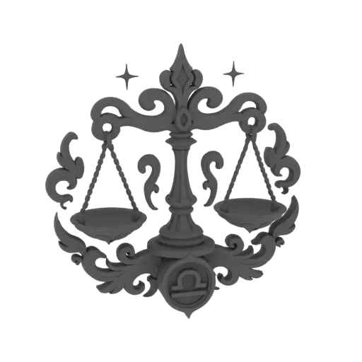 3D model render of the Libra zodiac scales emblem with ornate scrollwork and the Libra symbol.