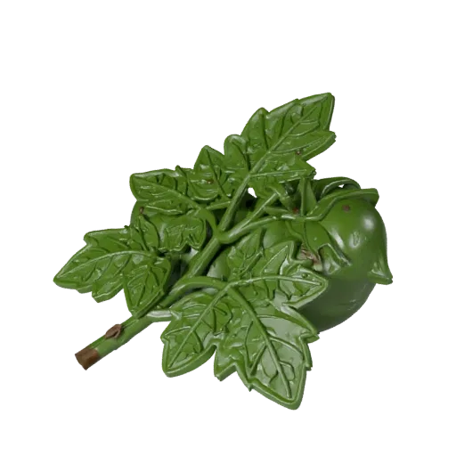 Garden Tomato Cluster Printable 3D model, isometric STL render, showing leaf veins, clear vegetable silhouettes.
