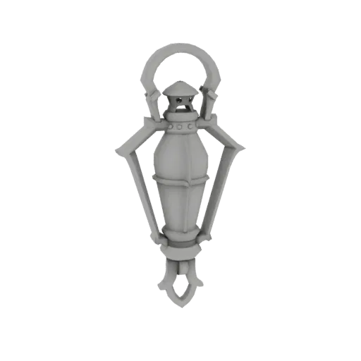 3D model of an ornate medieval lantern with a detailed, gothic-inspired design, featuring a handle and decorative elements.
