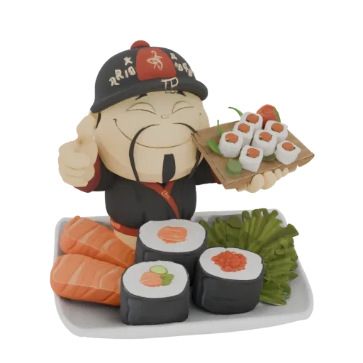 3D model of a cartoon sushi chef with a friendly smile, giving a thumbs-up and holding a plate of sushi, with a larger sushi