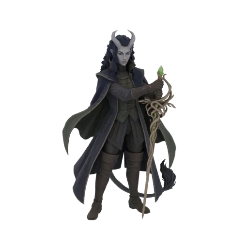 Modelo 3D de mago tiefling oscuro con cuernos grises, ropa oscura y bastón ornamentado con gema verde.