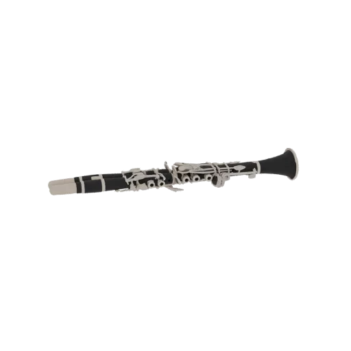 A detailed 3D model of a black and silver clarinet, presented against a white background.