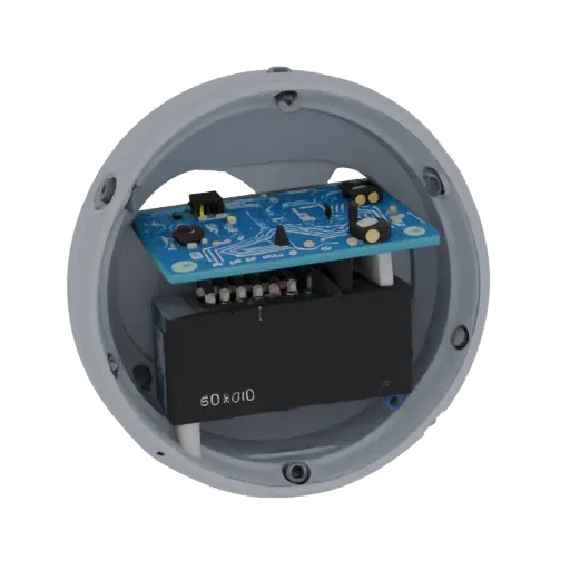 3D model of a round electronics enclosure with visible PCB and battery inside