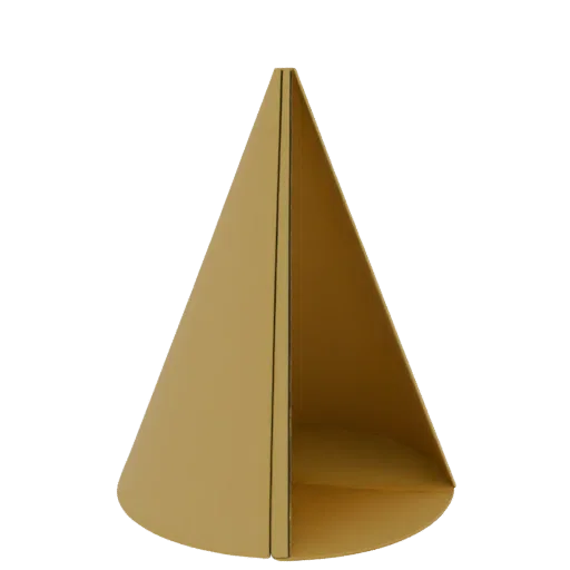 3D model of a hollow cone with cutout, golden color, on a white background