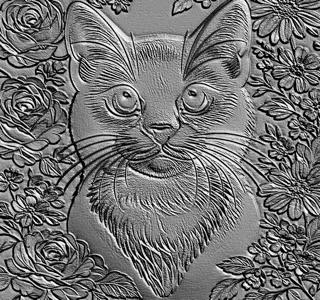 3D model of a cat bas-relief surrounded by flowers in engraving style