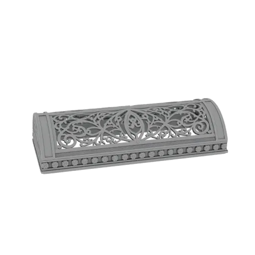 3D model of an ornate chest with intricate filigree carvings and a curved lid, presented in a neutral gray material.
