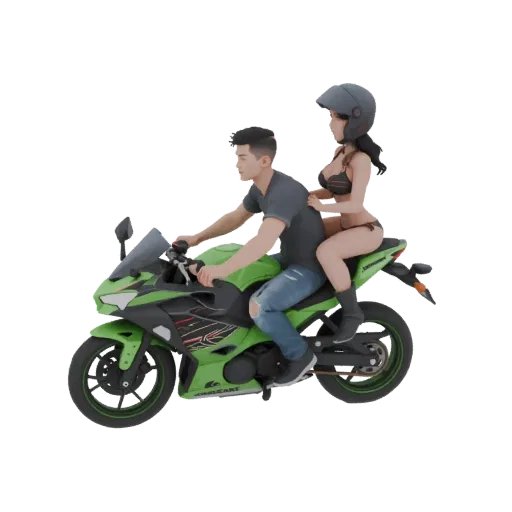 3D model of a couple, male and female, on a bright green Kawasaki Ninja 400 sportbike, on a black background