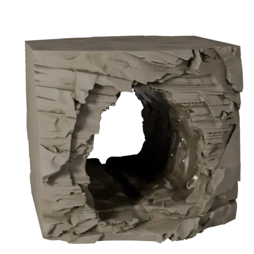 Limestone Cave Mouth High Poly 3D model, close-up cinematic environment render, showing stratified stone, rock faces.