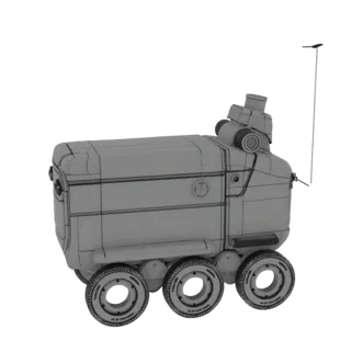 3D-Modell eines futuristischen Sechsrad-Rovers mit grauem Drahtgitter-Look, von einer Dreiviertelansicht gezeigt.
