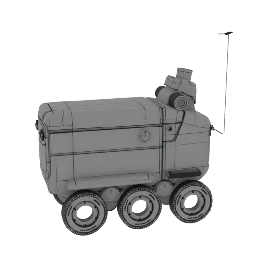 3D model of a futuristic six-wheeled rover with a gray, wireframe aesthetic, shown from a three-quarter angle.