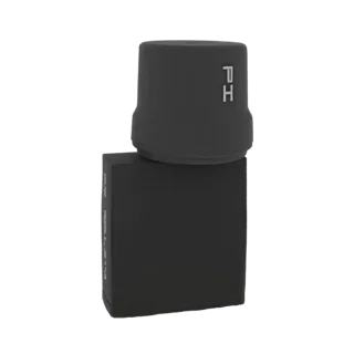 Modèle 3D d'un flacon de parfum rectangulaire noir avec un bouchon gris foncé orné d'un logo 'PH' gravé.