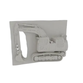 3D model render of a detailed construction excavator with tracks, boom, and bucket.