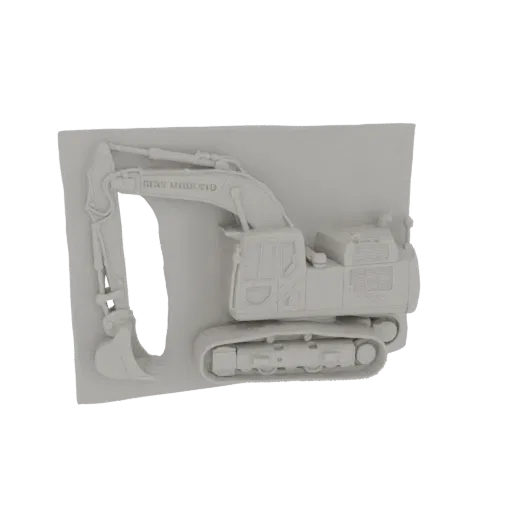Rendering 3D di un escavatore da cantiere dettagliato con cingoli, braccio e benna.
