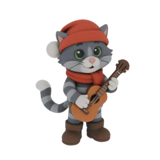 A 3D render of a cute, grey-striped cat wearing a red Santa hat and scarf, playing a brown ukulele.