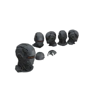 3D-Modell eines futuristischen kybernetischen Helms mit segmentierter Panzerung und leuchtend orangefarbenen optischen Sensor