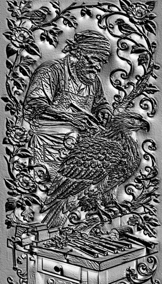 3D model of the "Master and Eagle" bas-relief in engraving style, depicting a master and an eagle amidst floral ornaments.