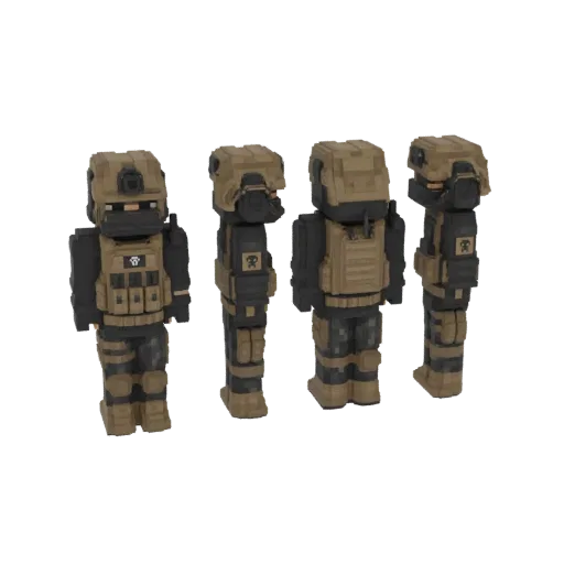 A set of four blocky, stylized 3D models of tactical soldiers in desert camouflage gear, standing against a white background.