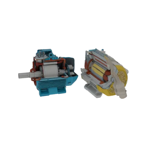 3D model of a cutaway electric motor, showing internal components like rotor and stator windings, rendered against a white ba