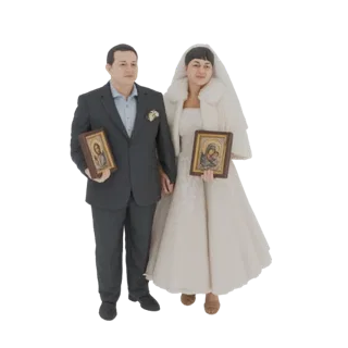 3D model of an Orthodox wedding couple in formal attire, holding religious icons, against a white background.