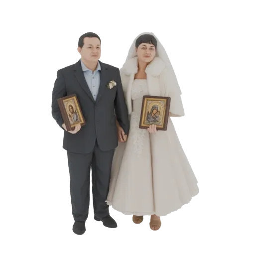 Modelo 3D de um casal de casamento ortodoxo em trajes formais, segurando ícones religiosos, contra um fundo branco.