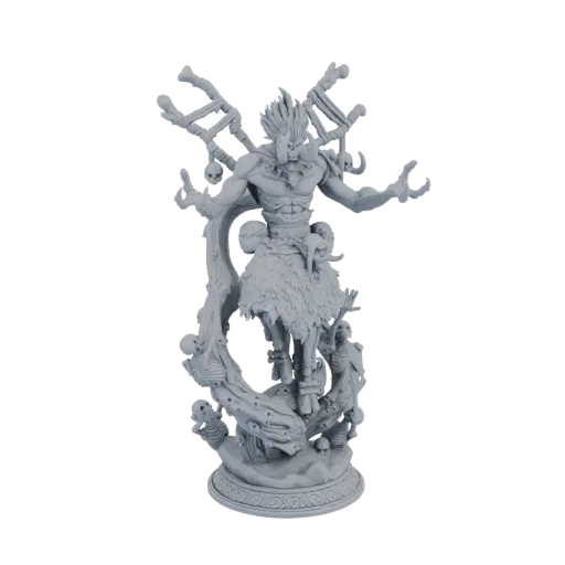 3D model of a tribal shaman with a fierce expression, adorned with skulls, fur, and standing on a base with skeletal remains.