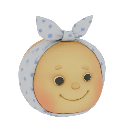 3D model of a baby's head with rosy cheeks and a blue polka dot bandana tied in a bow, smiling gently.
