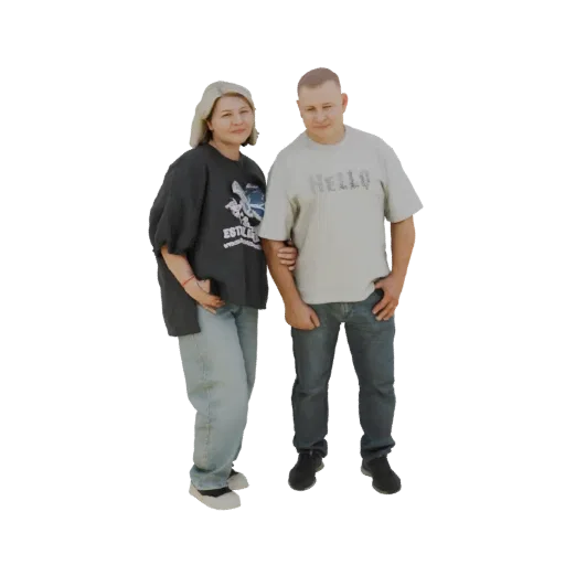 Modelo 3D de um homem e uma mulher juntos, com o braço do homem sobre o ombro da mulher, ambos vestidos casualmente.