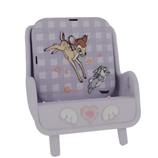 3D model render of a miniature lilac armchair with a checkered back, featuring Disney's Bambi and Thumper, with a heart and w