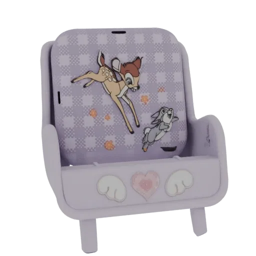 3D model render of a miniature lilac armchair with a checkered back, featuring Disney's Bambi and Thumper, with a heart and w