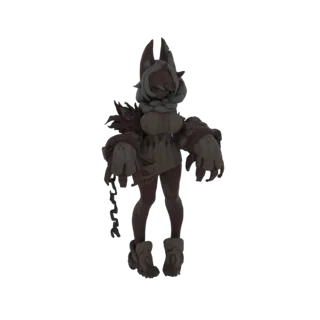 3D model of a chained beast-woman with large hands, wearing a hooded cloak and tattered clothing, standing with chains attach