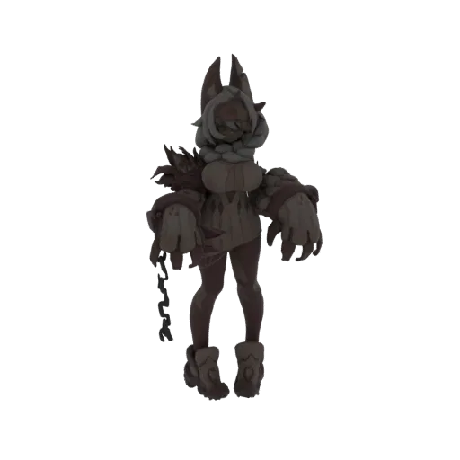 3D model of a chained beast-woman with large hands, wearing a hooded cloak and tattered clothing, standing with chains attach