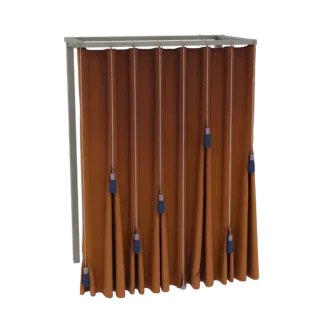 Una renderización 3D de una cortina marrón con múltiples borlas azules colgando de cordones.