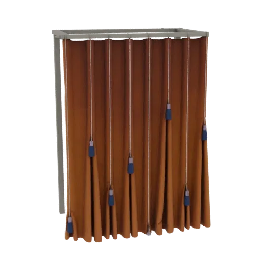 A 3D render of a brown curtain with multiple blue tassels hanging from cords.