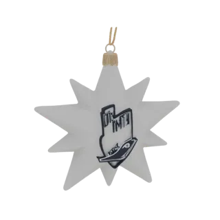 Modelo 3D de um ornamento de Natal branco em forma de estrela com contorno azul escuro do Texas e gráfico de mão, com tampa d