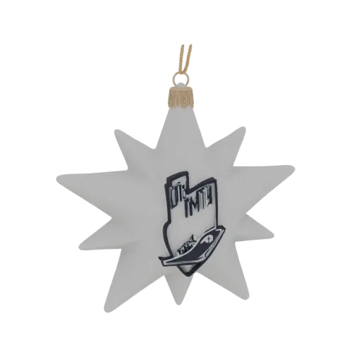 3D model of a white, star-shaped Christmas ornament with a dark blue Texas outline and hand graphic, featuring a gold cap and