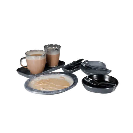 Breakfast Tea Service High Poly 3D model, close-up studio render, showing ceramic, arranged serving layout.