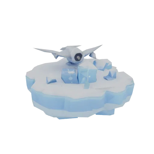 3D model of a futuristic aircraft stranded on a snowy island among ice floes and snow.