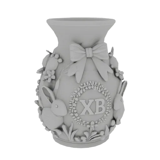 Modelo 3D de jarrón de Pascua con relieve, que representa conejitos, un lazo, flores y una corona con las letras «ХВ».