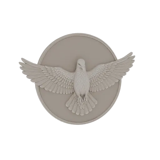 3D model of a dove in flight with wings spread, set within a circular emblem, symbolizing peace.