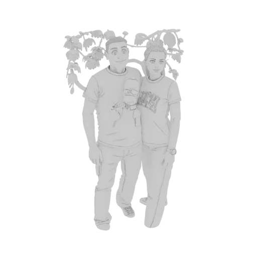3D model render of a family of three, a man, woman, and child, standing under a stylized tree with leaves and fruit.