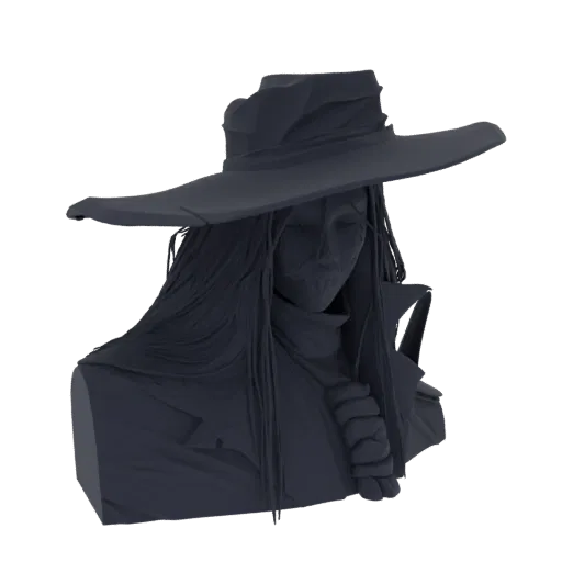 3D model render of an undead cowboy bust with a wide-brimmed hat and tattered scarf, featuring skeletal features and long hair.