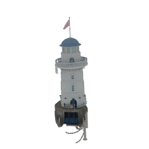 3D model of a white lighthouse with a blue dome, red flag, and stone base, featuring blue double doors and decorative railing