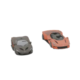 A 3D render showing two sports cars side-by-side: a dark gray coupe on the left and a bright orange convertible on the right,