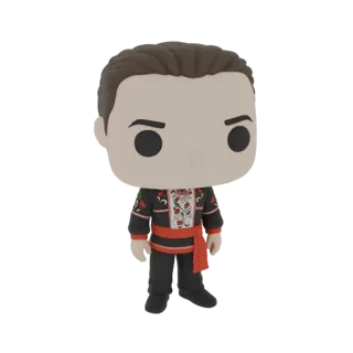 3D model of a Funko Pop! style figure wearing a traditional folk costume with red, white, and green embroidery and a red sash