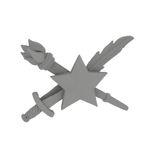 3D model render of a gray emblem featuring a crossed torch, quill, and sword over a star.