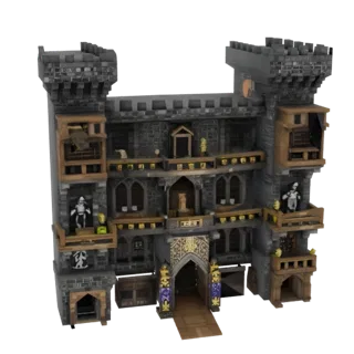 3D model of a multi-story Gothic medieval castle building with towers, balconies, gothic windows, and decorative elements, re