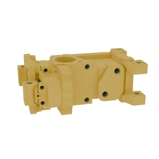 3D model of a yellow industrial gearbox assembly with visible bolts and mechanical components, set against a black background