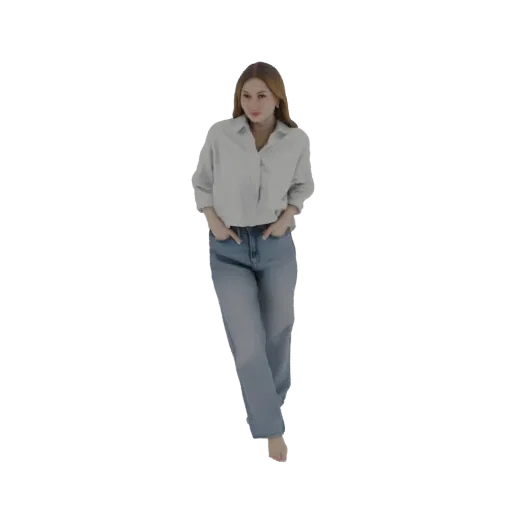 3D model of a woman with blonde hair, wearing a light button-down shirt and blue jeans, walking with hands in pockets.